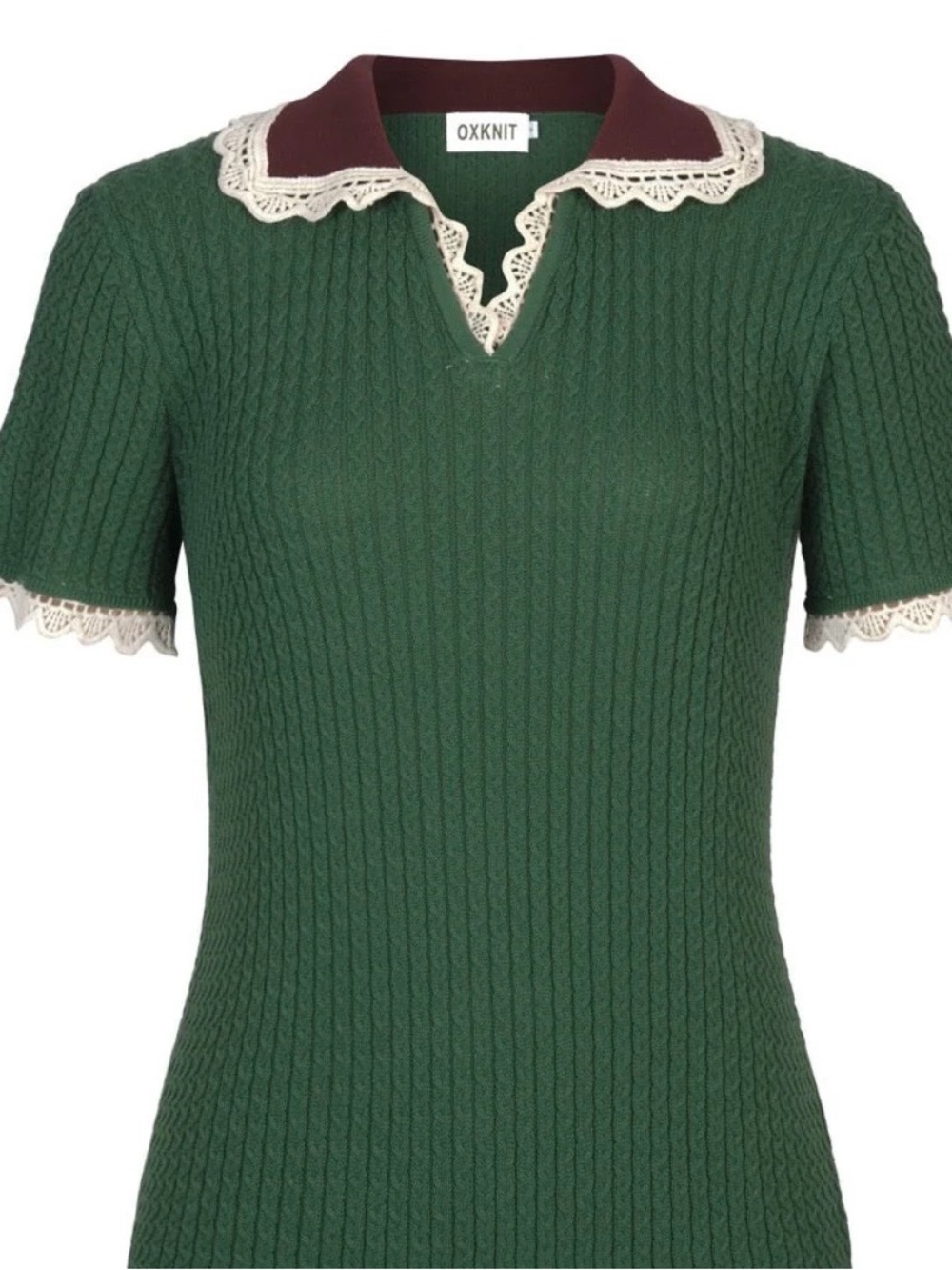 OXKNIT Women's Green Lace Collar Knit V-Neck Short Sleeve Top